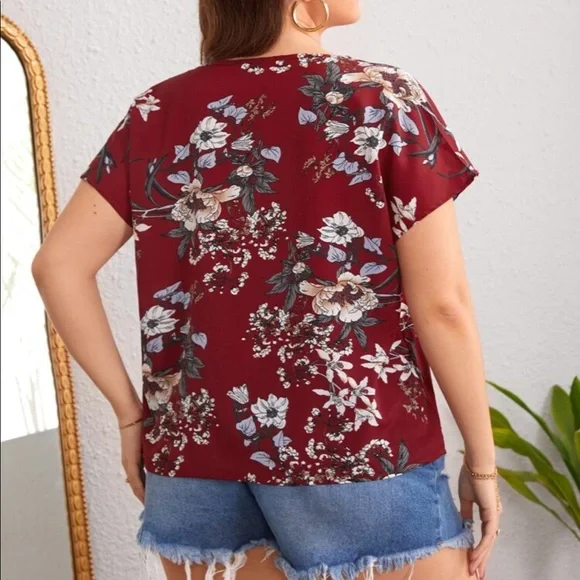 Boho Plus Size Floral Print Cottagecore V Neck Top Blouse - Picture 4 of 16